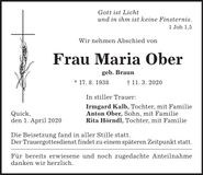 Traueranzeige Maria Ober