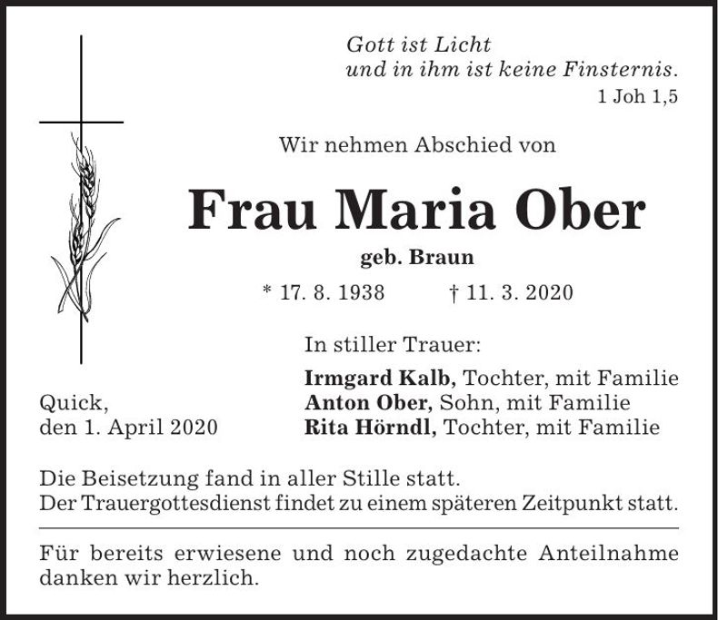 Traueranzeige Maria Ober