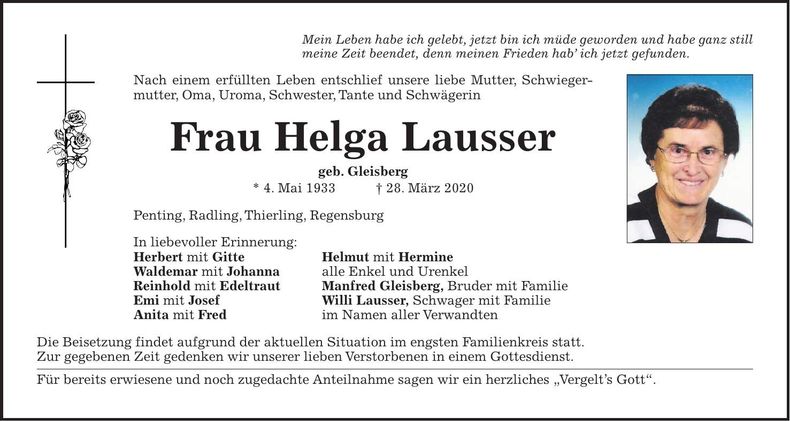 Traueranzeige Helga Lausser