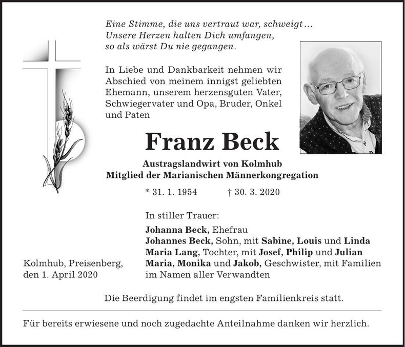 Traueranzeige Franz Beck