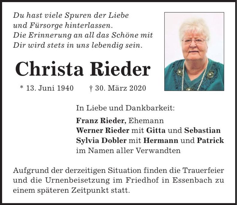 Traueranzeige Christa Rieder