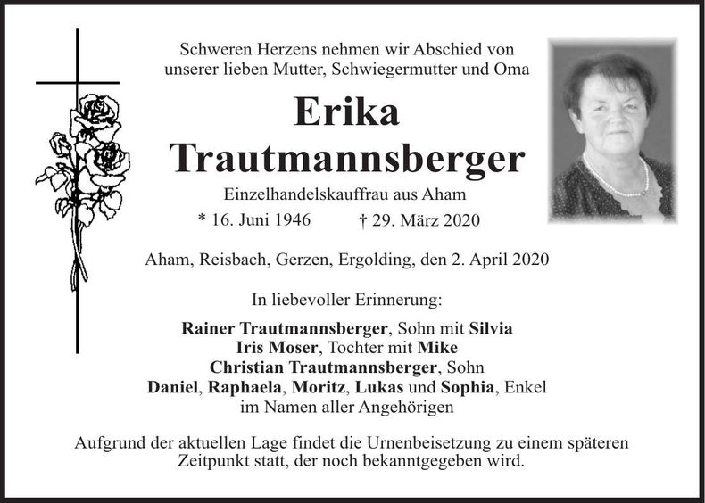 Traueranzeige Erika Trautmannsberger