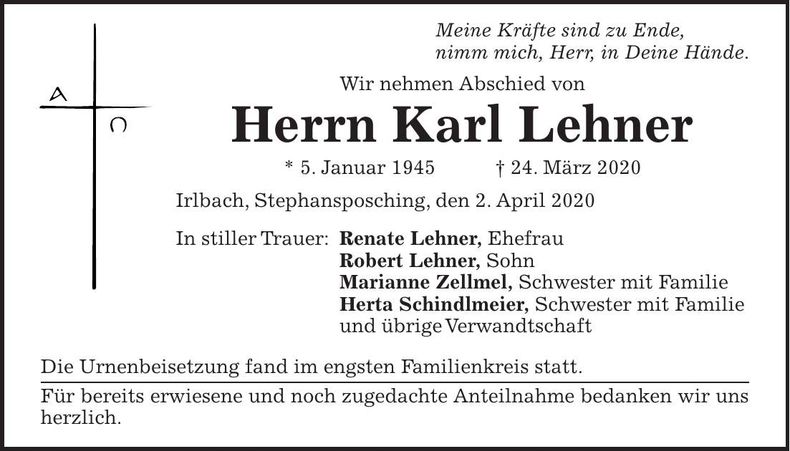 Traueranzeige Karl Lehner