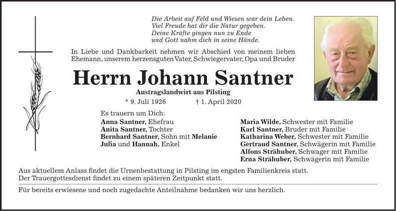Traueranzeige Johann Santner