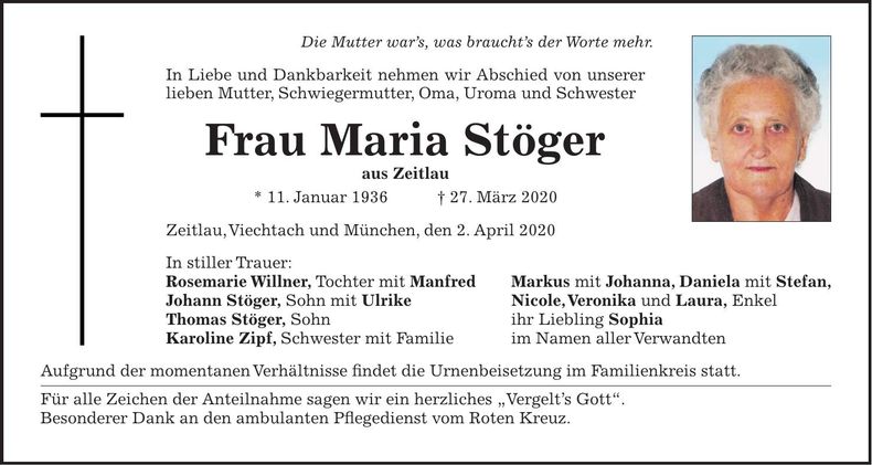 Traueranzeige Maria Stöger