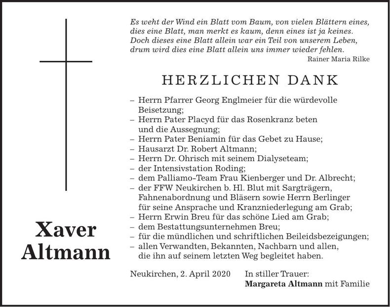 Traueranzeige Xaver Altmann