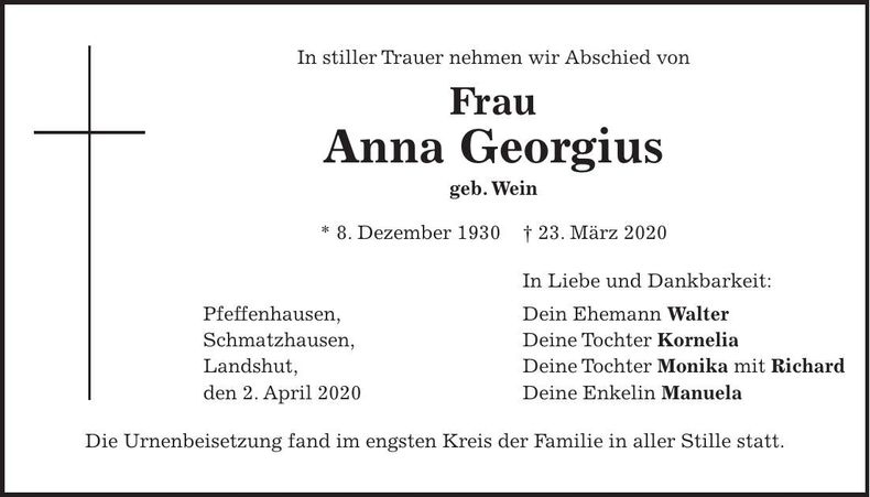Traueranzeige Anna Georgius