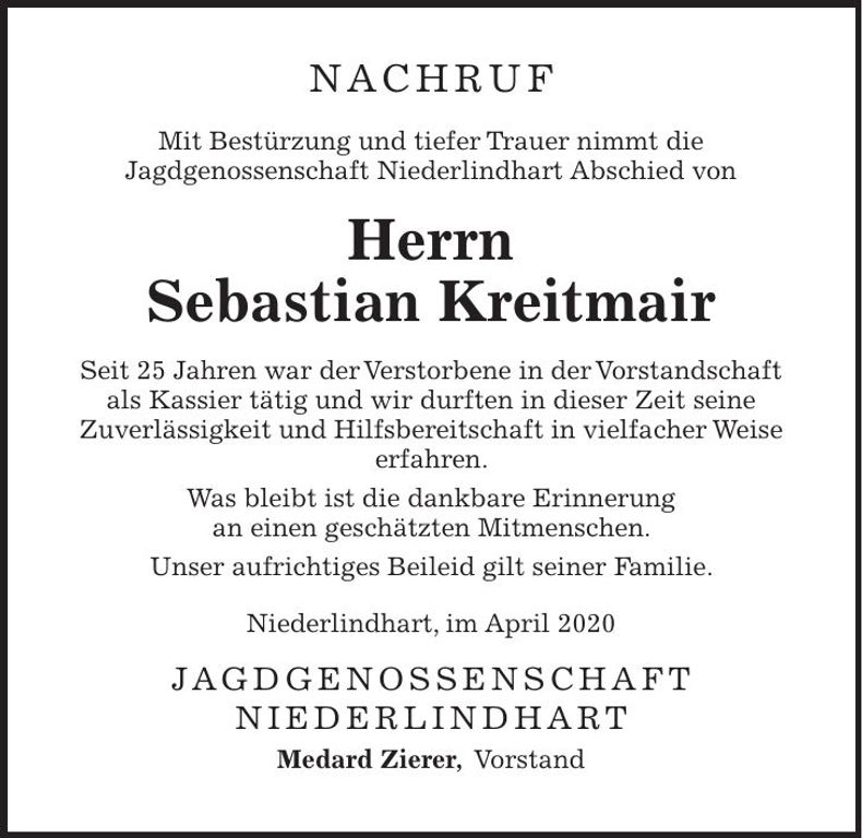 Traueranzeige Sebastian Kreitmair