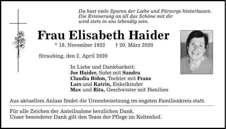 Traueranzeige Elisabeth Haider
