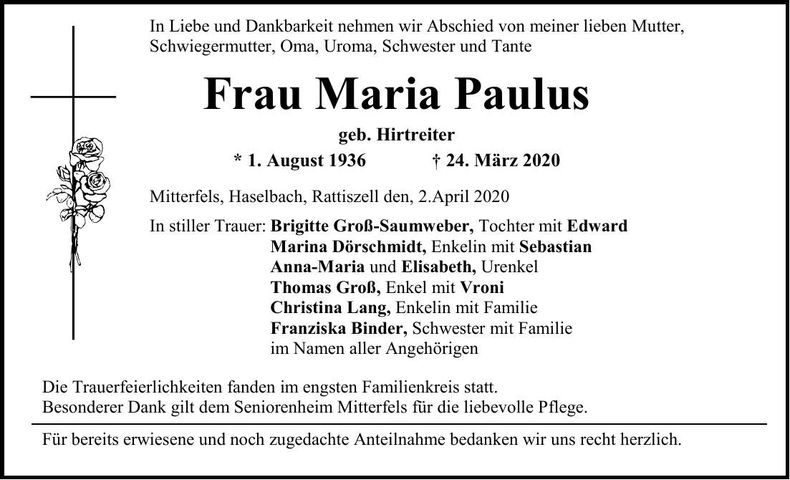 Traueranzeige Maria Paulus