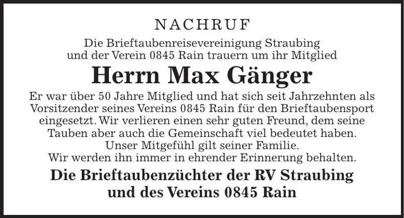 Traueranzeige Max Gänger