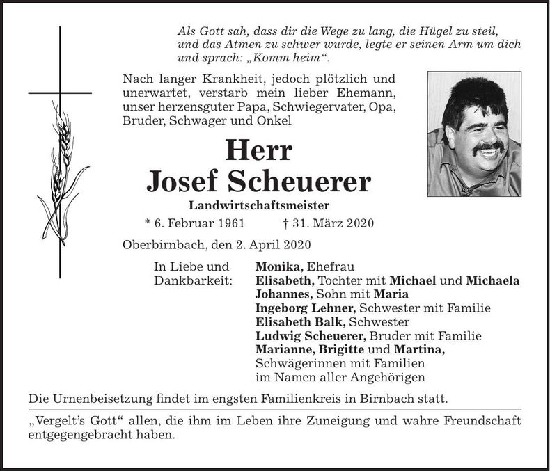 Traueranzeige Josef Scheuerer