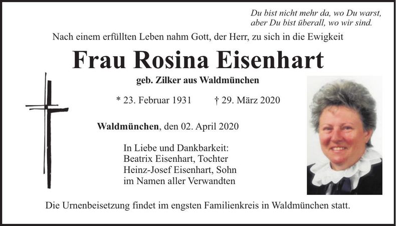Traueranzeige Rosina Eisenhart