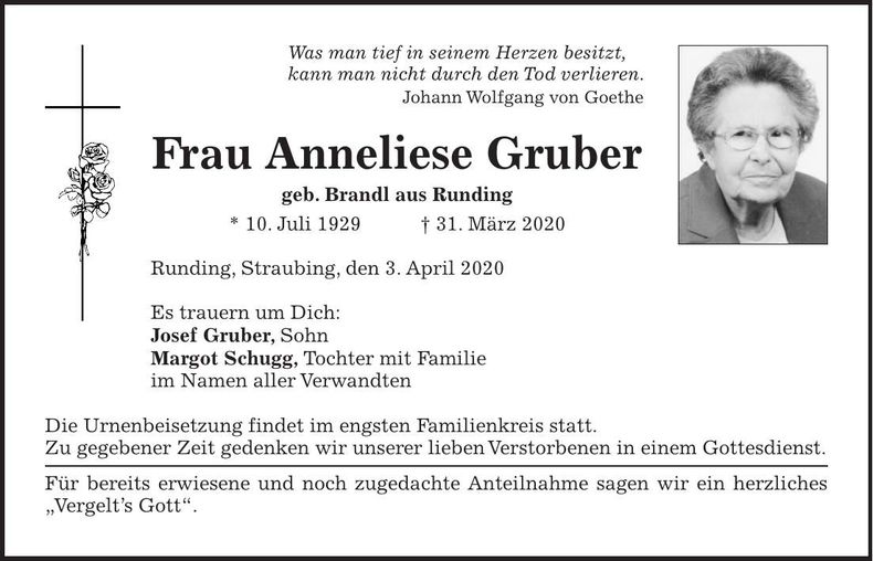 Traueranzeige Anneliese Gruber