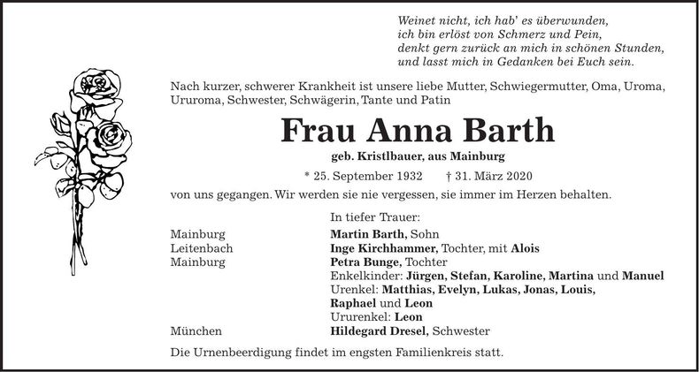 Traueranzeige Anna Barth