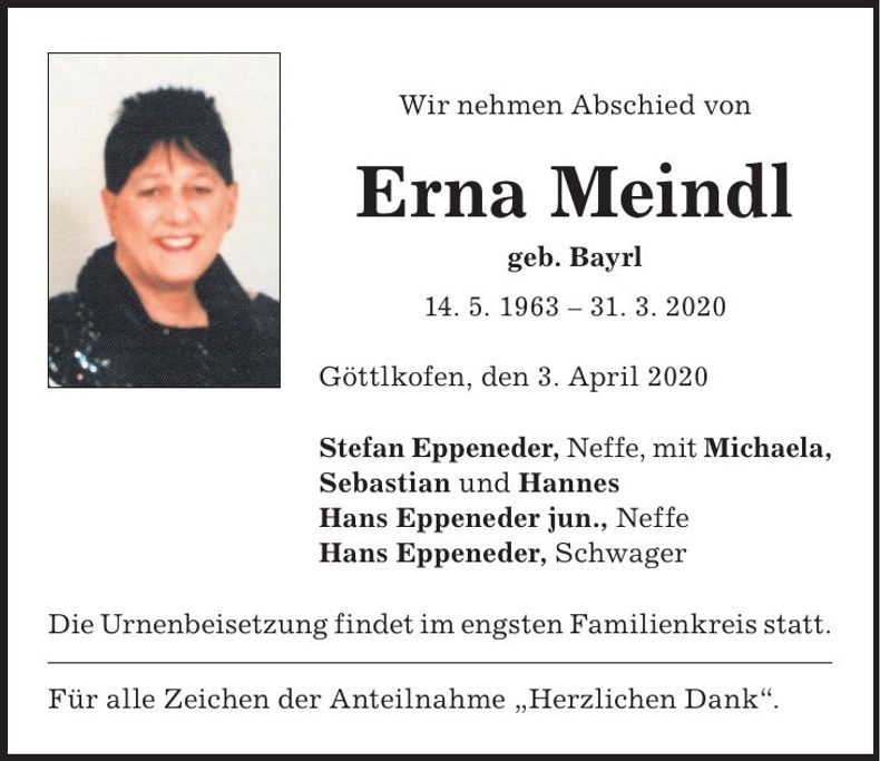 Traueranzeige Erna Meindl