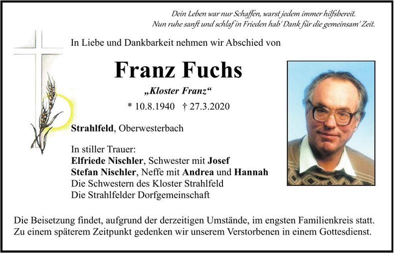 Traueranzeige Franz Fuchs