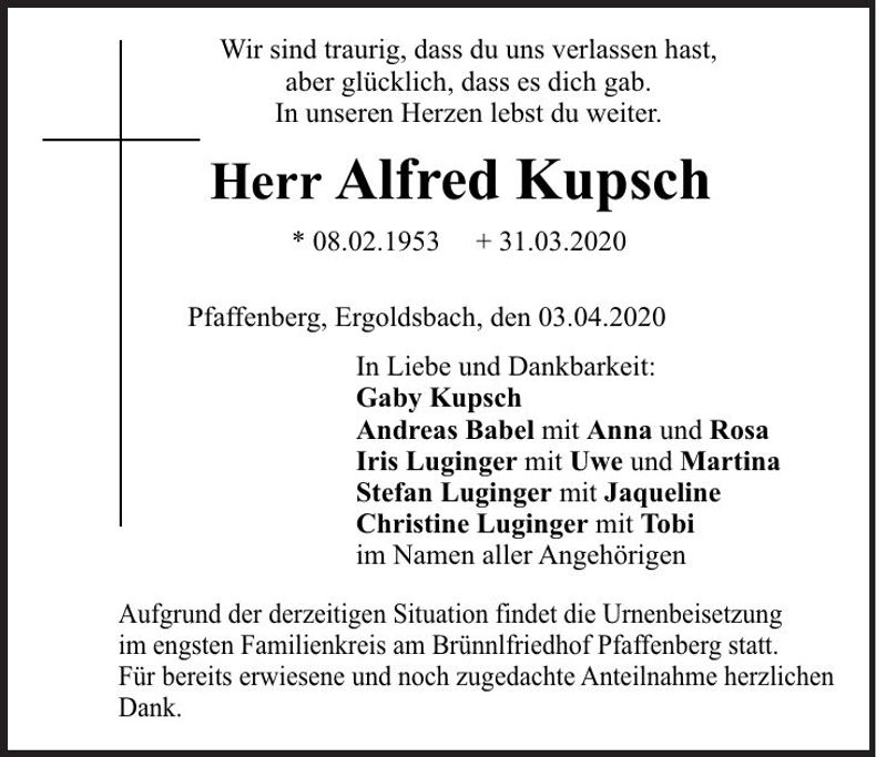 Traueranzeige Alfred Kupsch