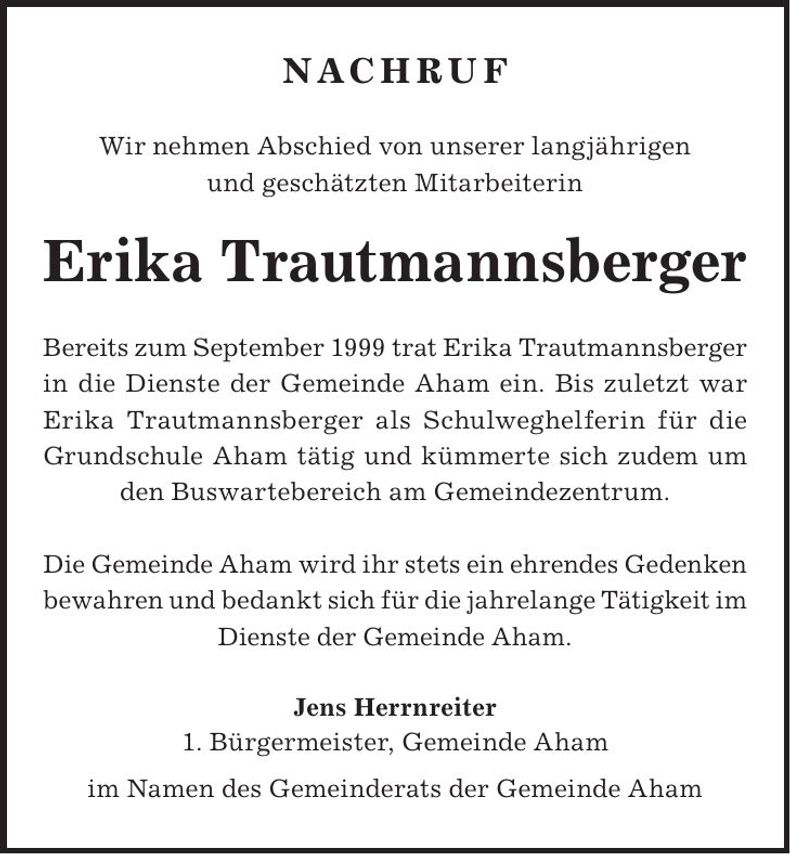 Traueranzeige Erika Trautmannsberger