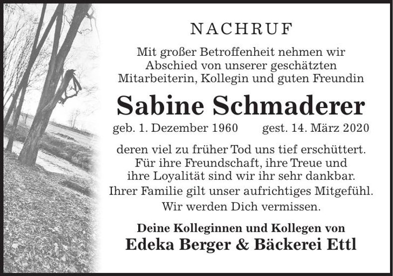 Traueranzeige Sabine Schmaderer