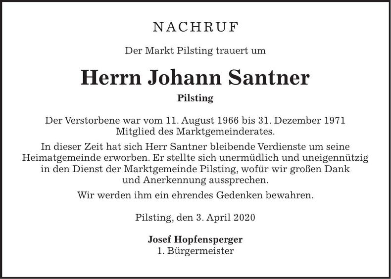 Traueranzeige Johann Santner