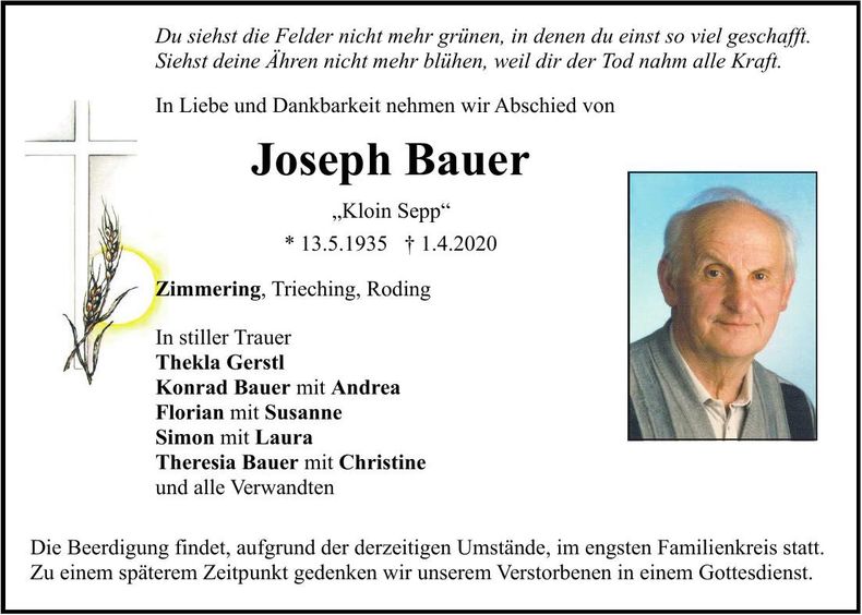Traueranzeige Joseph Bauer