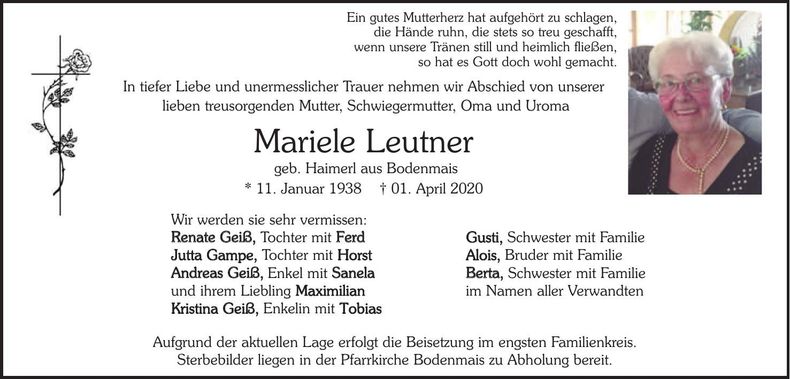 Traueranzeige Leutner Mariele
