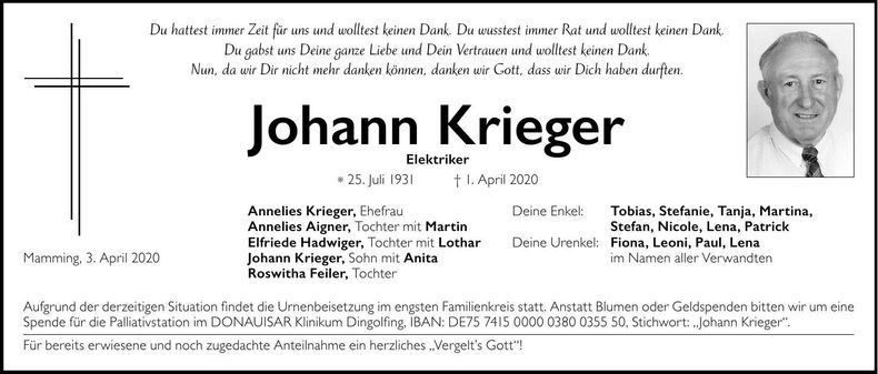 Traueranzeige Johann Krieger