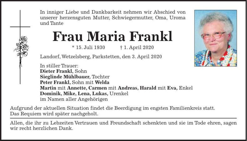 Traueranzeige Maria Frankl