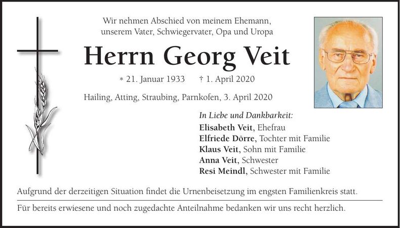 Traueranzeige Georg Veit