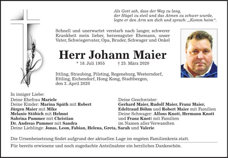 Traueranzeige Johann Maier