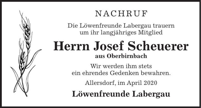 Traueranzeige Josef Scheuerer