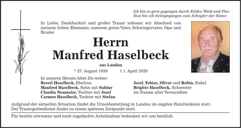 Traueranzeige Manfred Haselbeck
