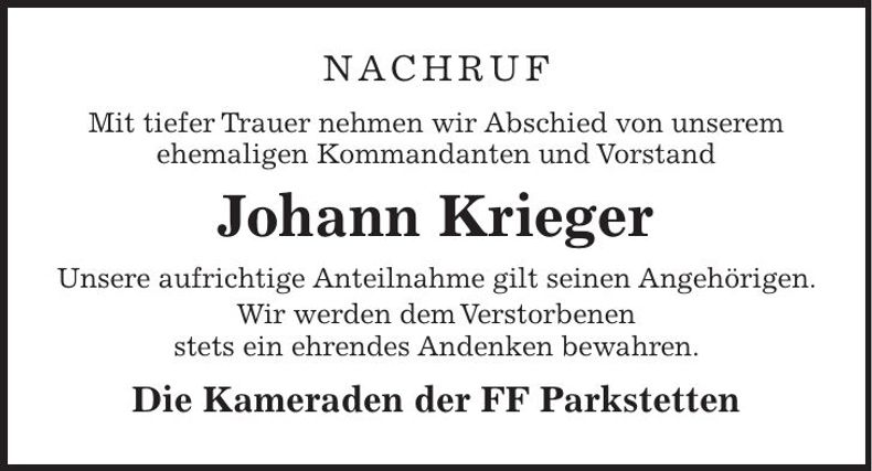 Traueranzeige Johann Krieger