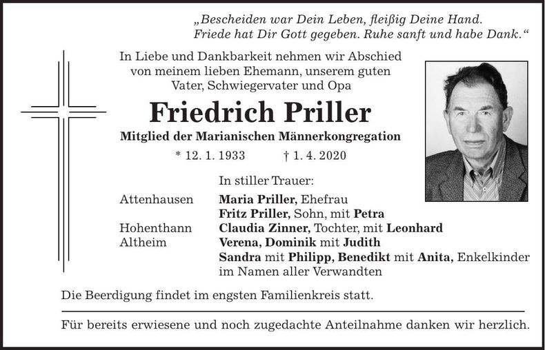 Traueranzeige Friedrich Priller