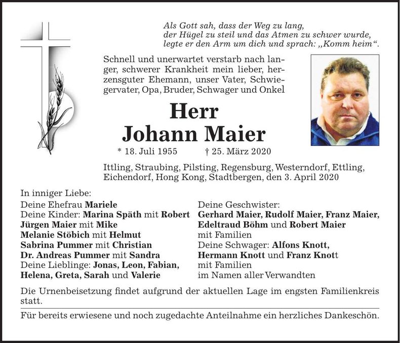 Traueranzeige Johann Maier