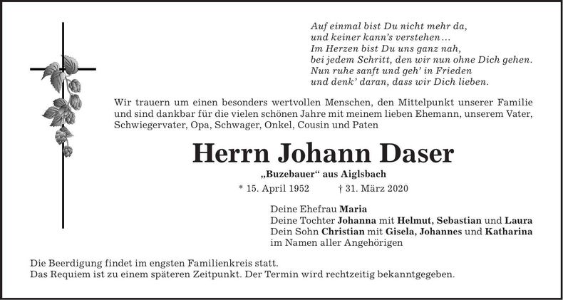 Traueranzeige Johann Daser