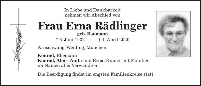 Traueranzeige Erna Rädlinger