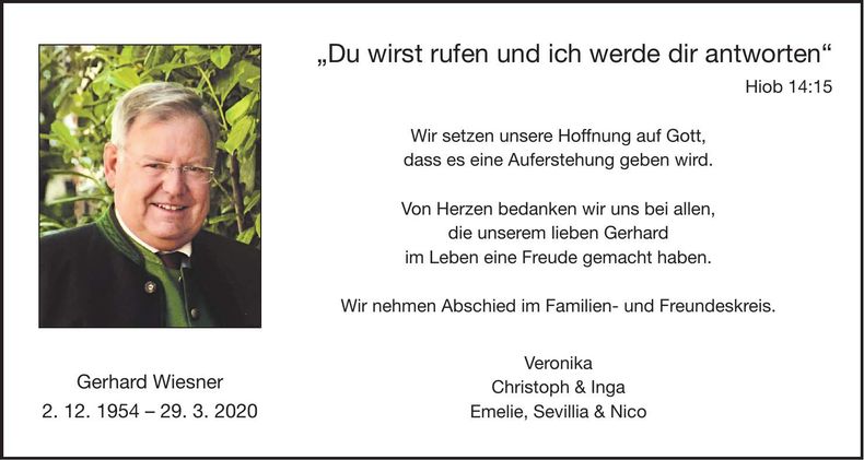 Traueranzeige Gerhard Wiesner