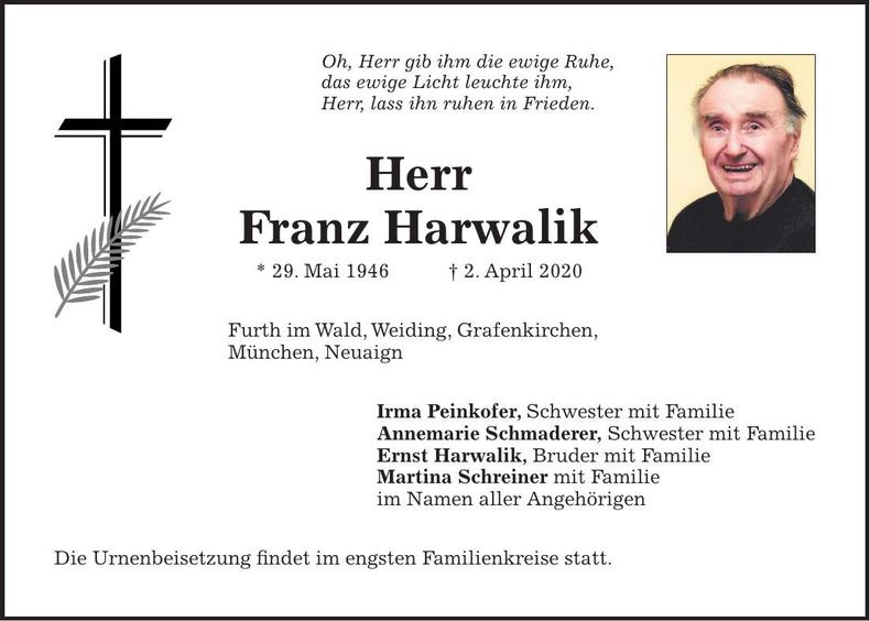 Traueranzeige Franz Harwalik