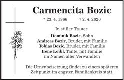 Traueranzeige Carmencita Bozic