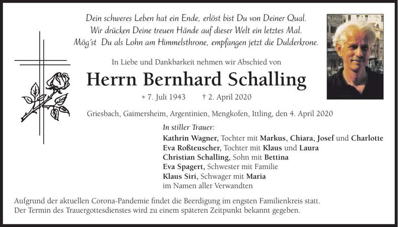 Traueranzeige Bernhard Schalling