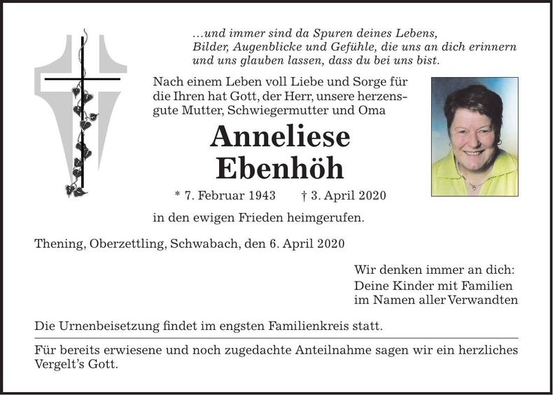 Traueranzeige Anneliese Ebenhöh