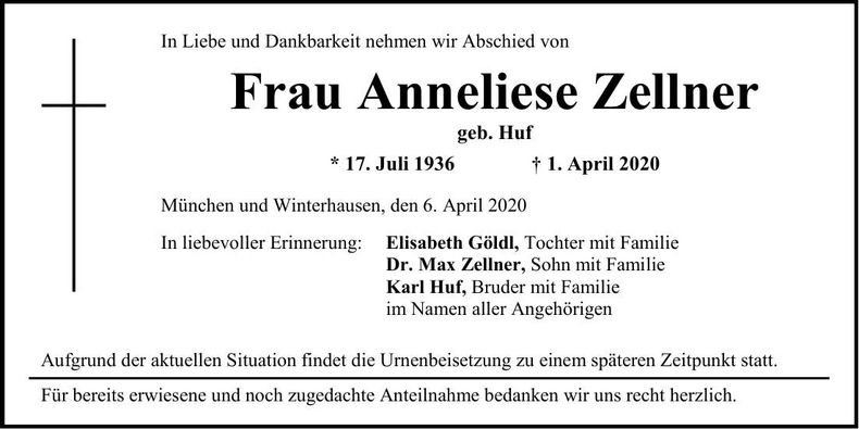 Traueranzeige Anneliese Zellner
