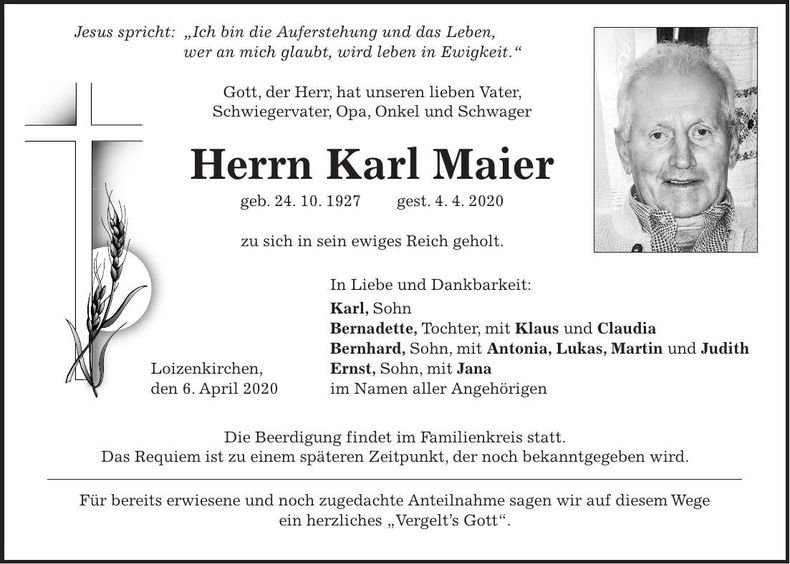 Traueranzeige Karl Maier