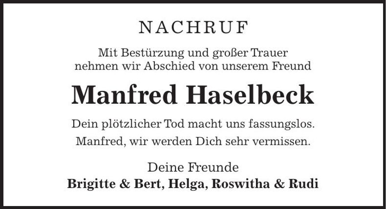 Traueranzeige Manfred Haselbeck