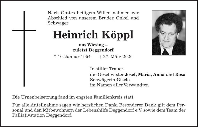 Traueranzeige Köppl Heinrich