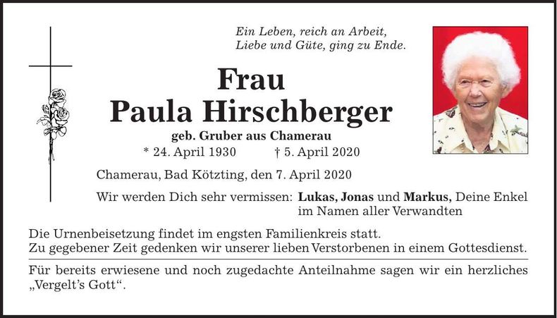 Traueranzeige Paula Hirschberger