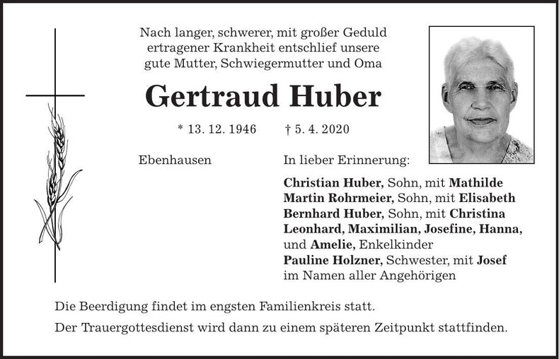 Traueranzeige Gertraud Huber
