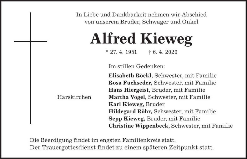 Traueranzeige Alfred Kieweg